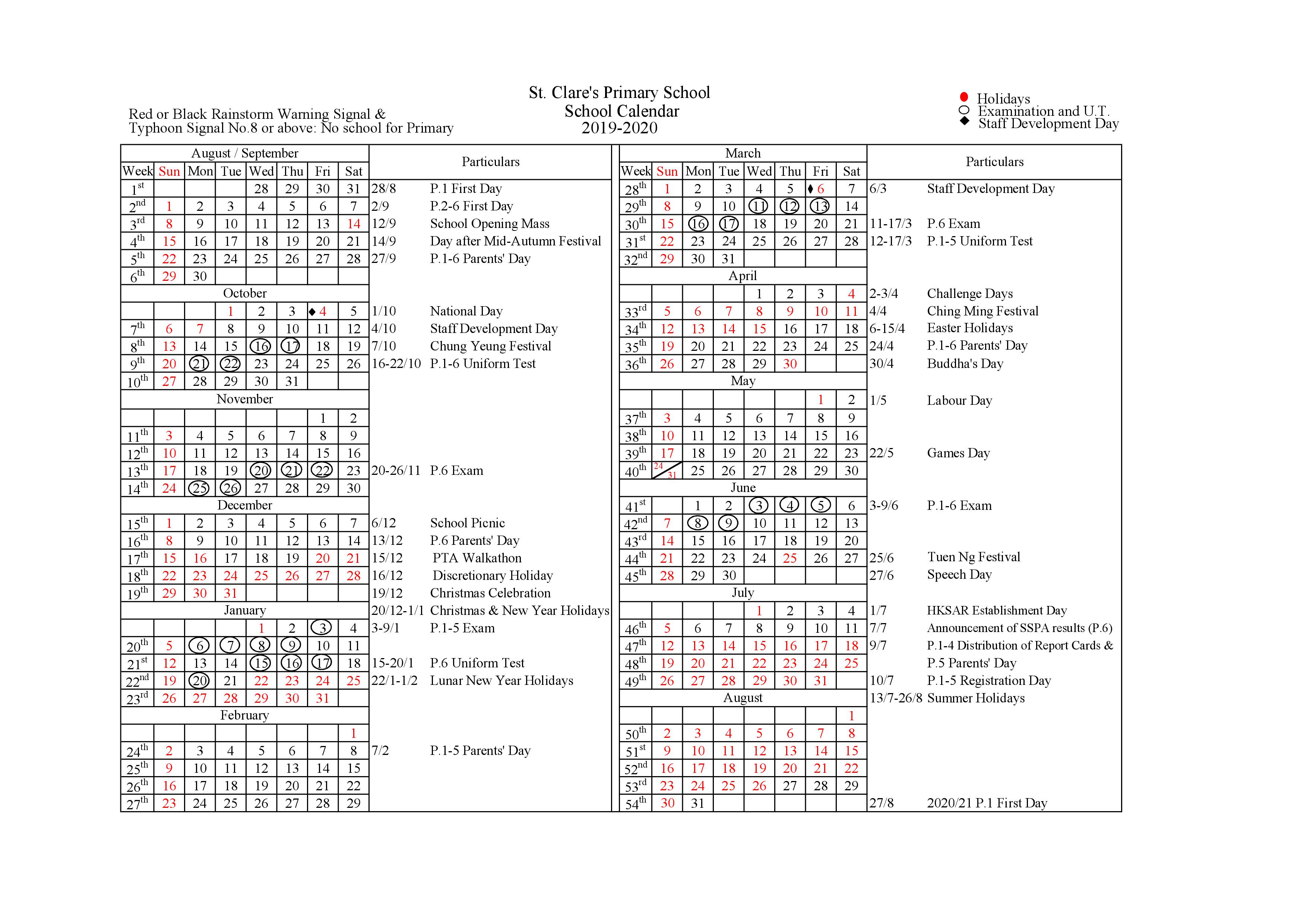 School Calendar St. Clare's Primary School