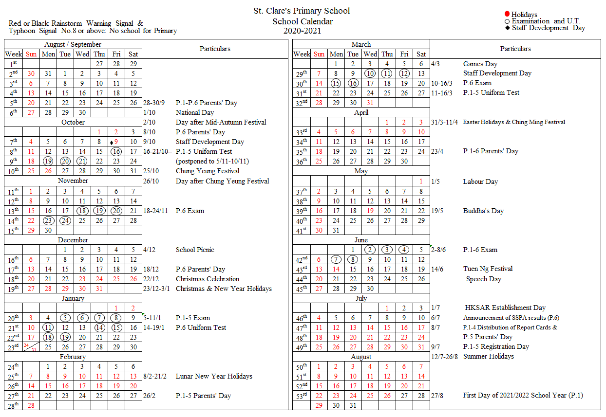 School Calendar St. Clare's Primary School